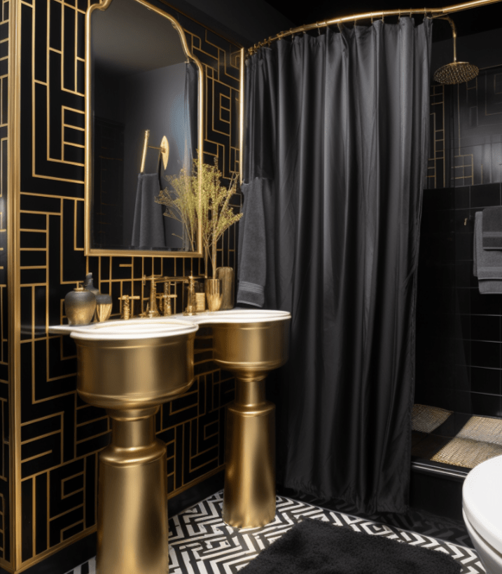 Art deco bathroom with glossy black shower curtain