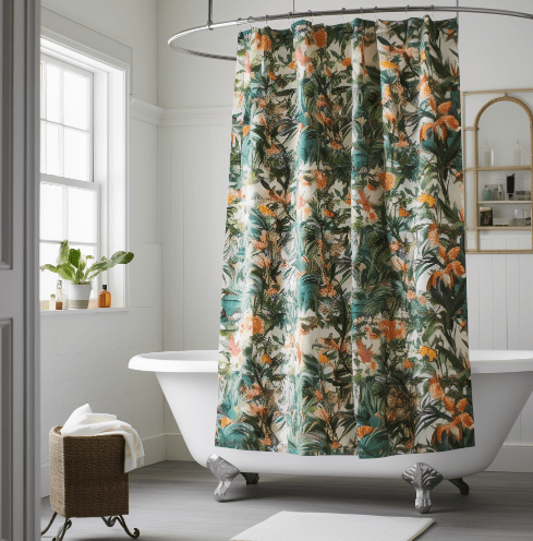 Clawfoot tub enclosed by a ceiling-mounted shower curtain