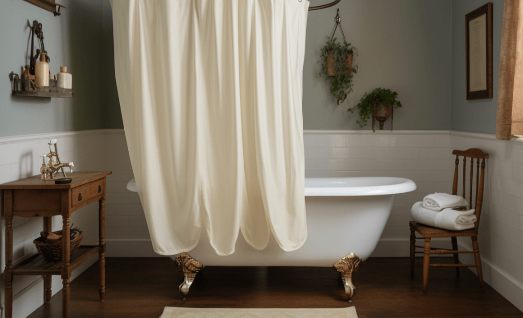 Clawfoot tub that's enclosed by a shower curtain