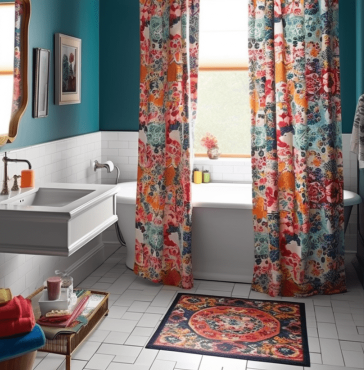 Eclectic shower curtain in a vibrant bathroom