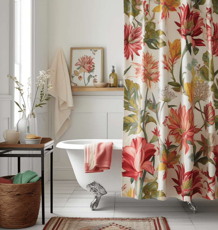 Floral and greenery shower curtain design in nature-themed bathroom