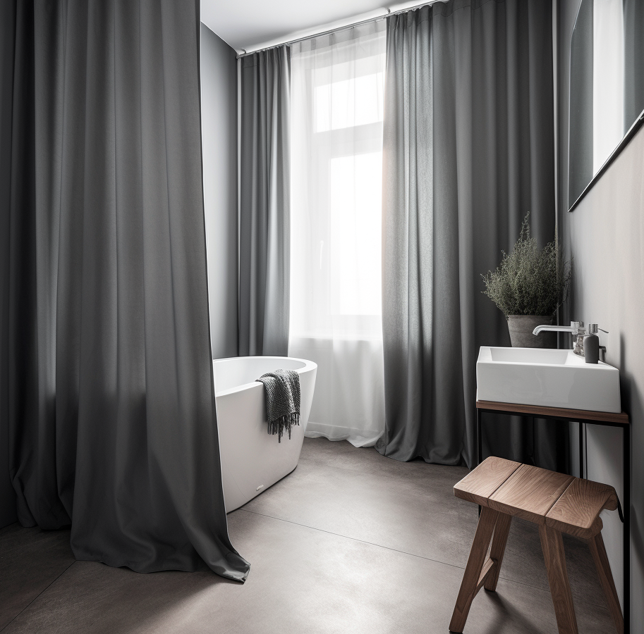 monochromatic shower curtain in minimal bathroom