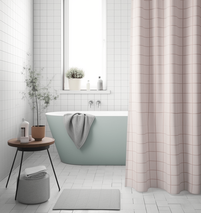 Scandinavian bathroom design with pastel shower curtain