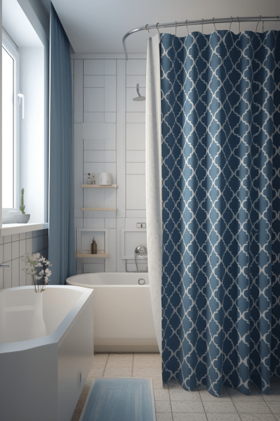 blue shower curtain in nordic-style bathroom