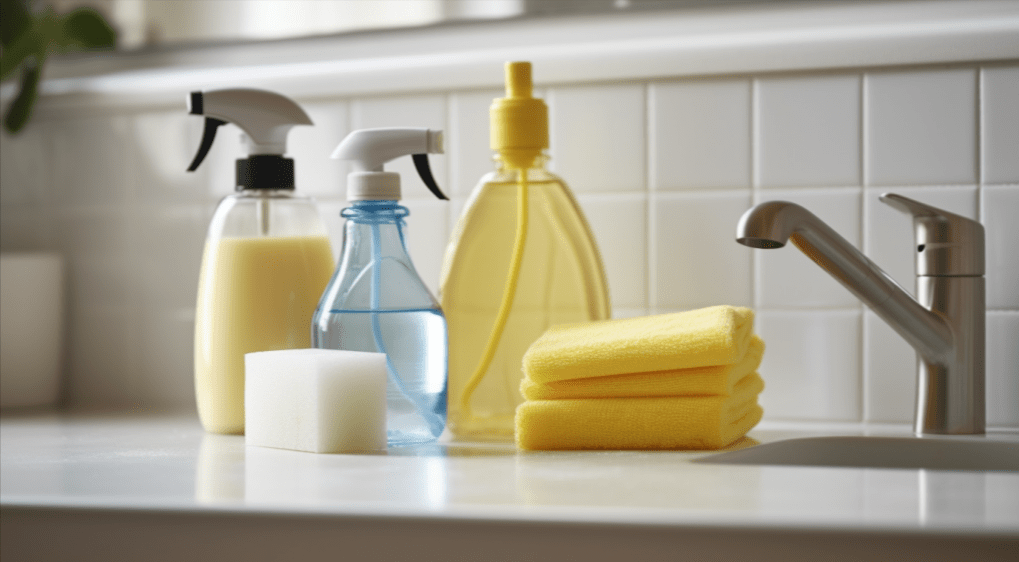 cleaning supplies on bathroom counter