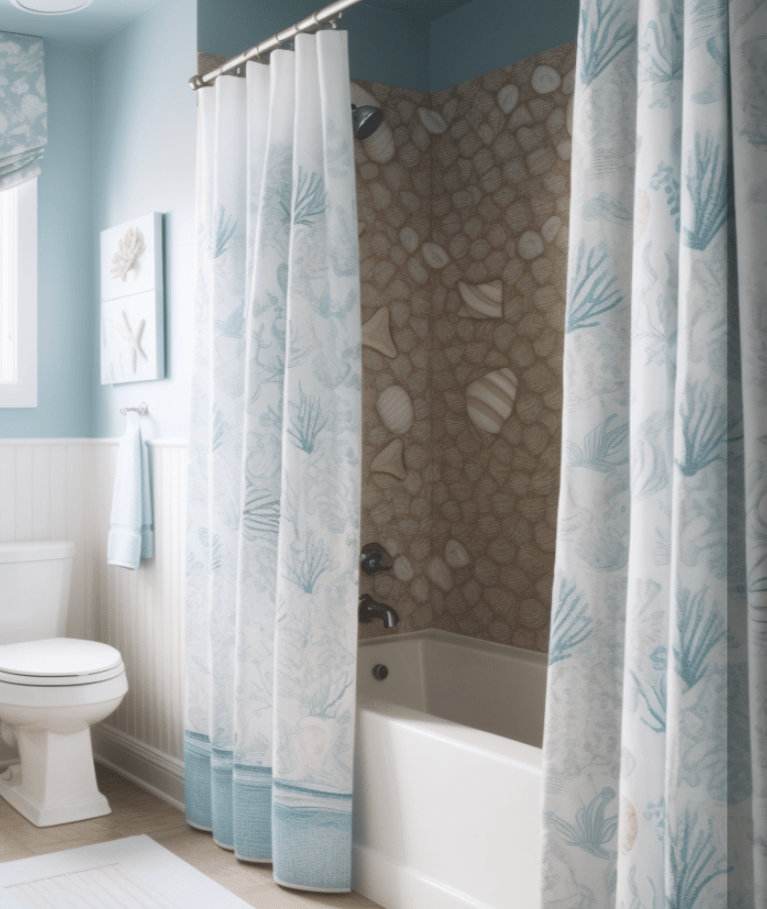 seashell and beach shower curtain in beach-themed bathroom