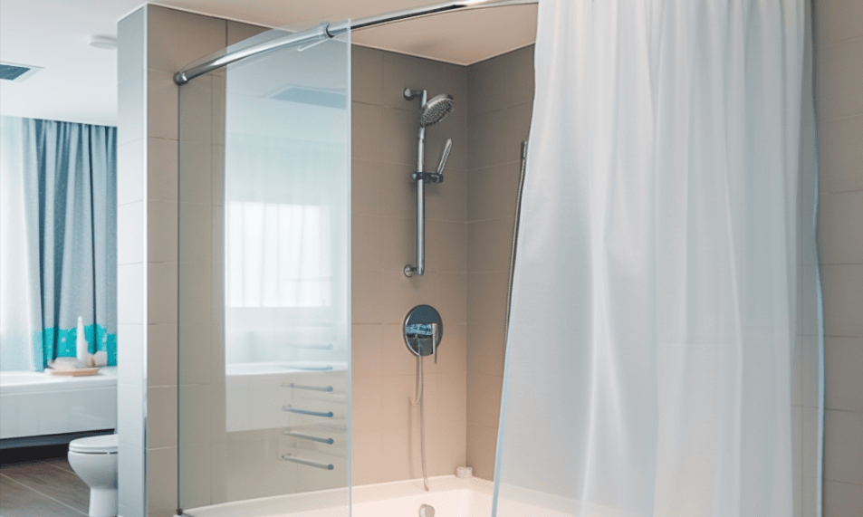 shower curtain combined with a glass shower door