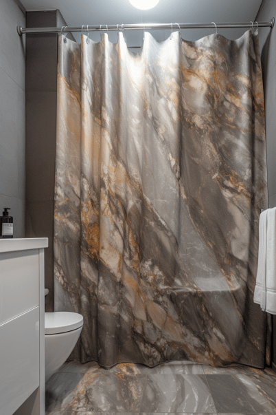 stone shower curtain in a french modern bathroom