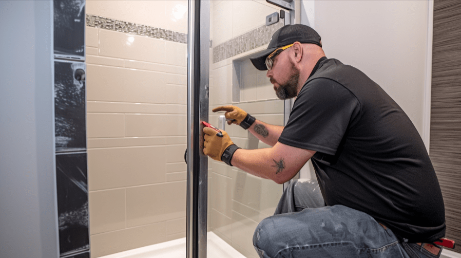 technician installing a new glass shower door